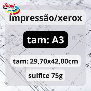 Impressão/xerox em A3 - preto e branco Sulfite 75gr 29,70x42,00cm 1x0 frente - Preto e Branco   